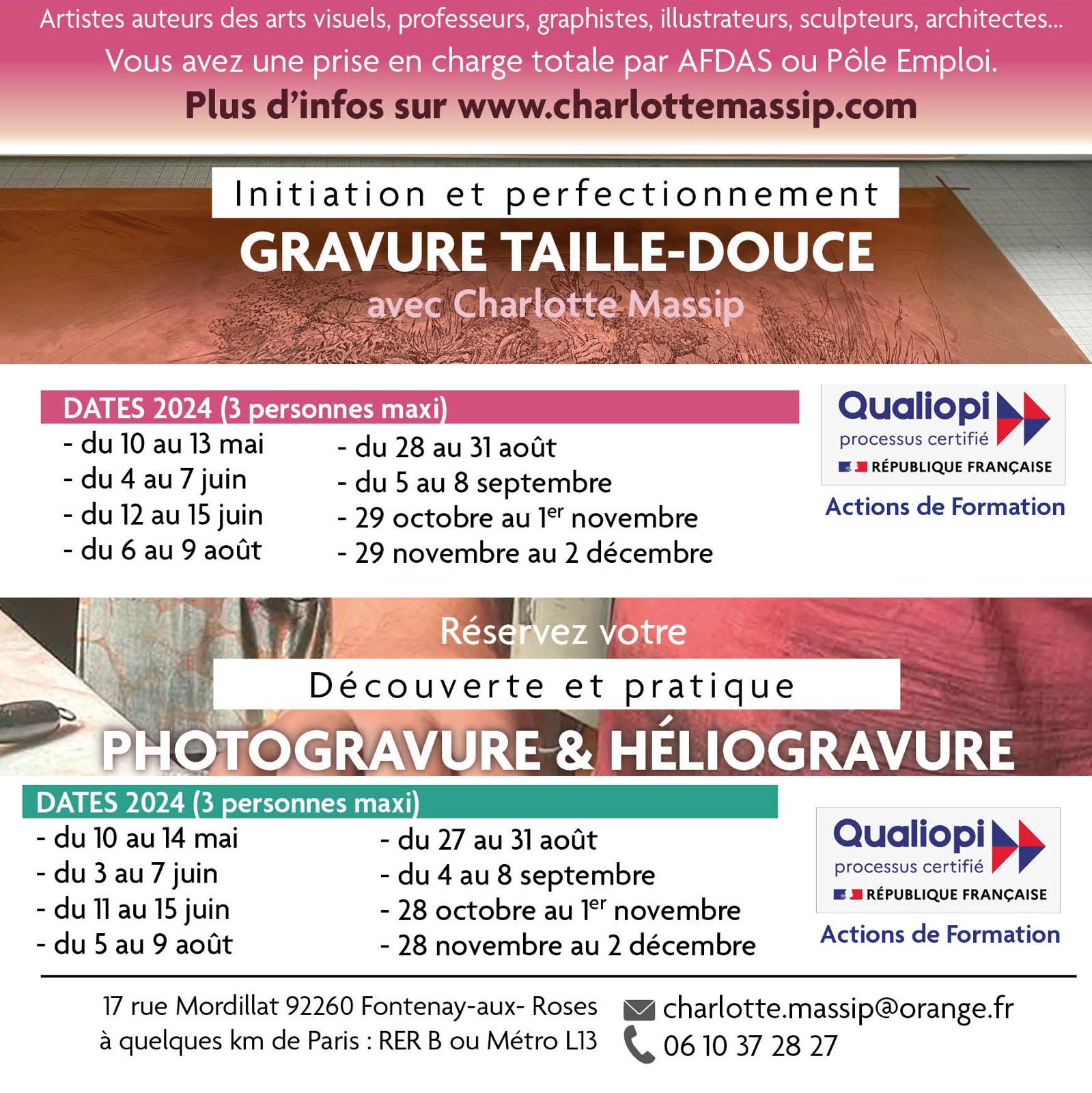 Formations professionnelles en GRAVURE TAILLE-DOUCE atelier de Charlotte Massip -prises en charge par AFDAS, POLE EMPLOI certifié Qualiopi