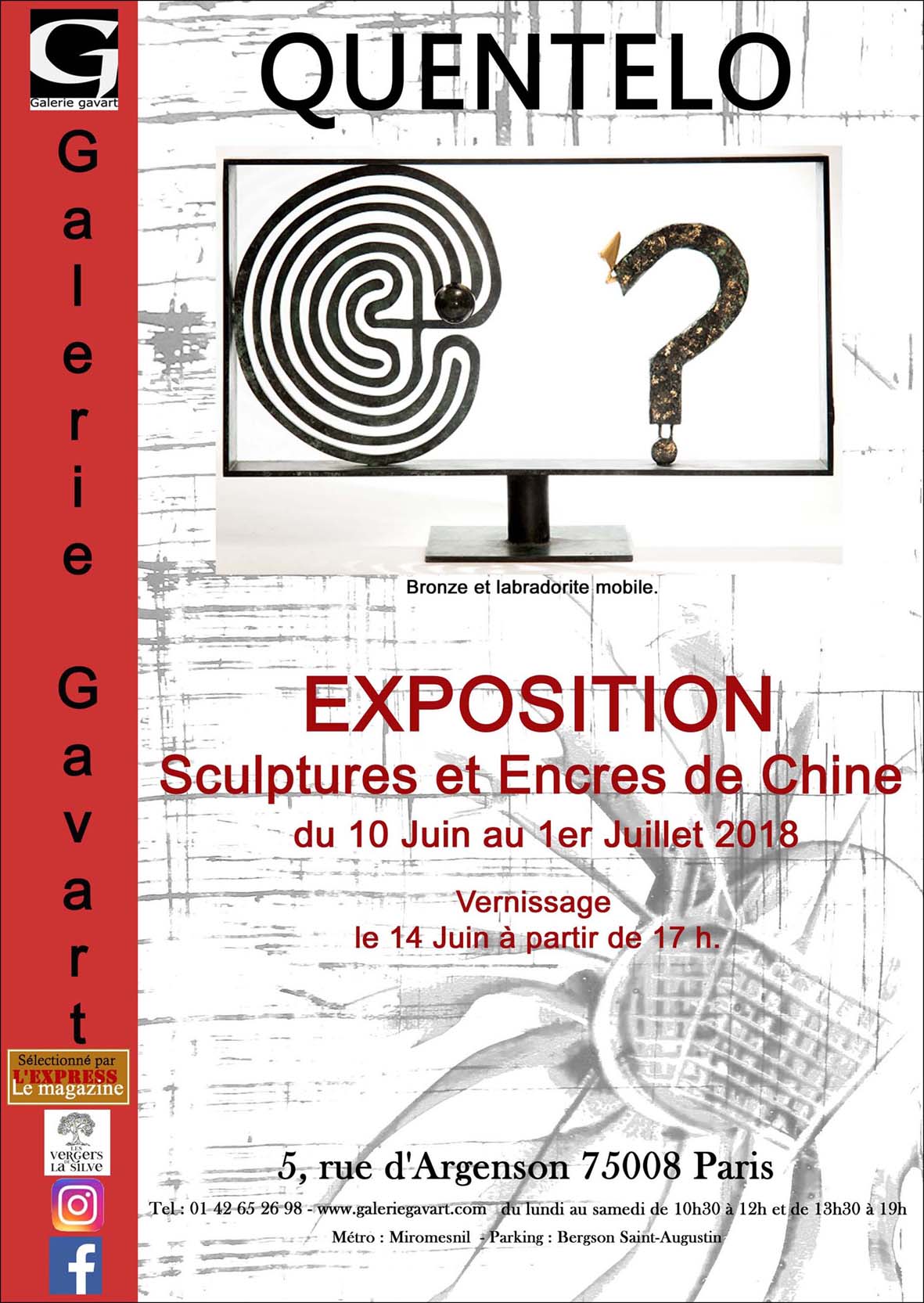 Exposition Claude Quentelo : Sculptures et Encres de Chine réalisées à la corde de guitare à la Galerie Gavart -Paris-