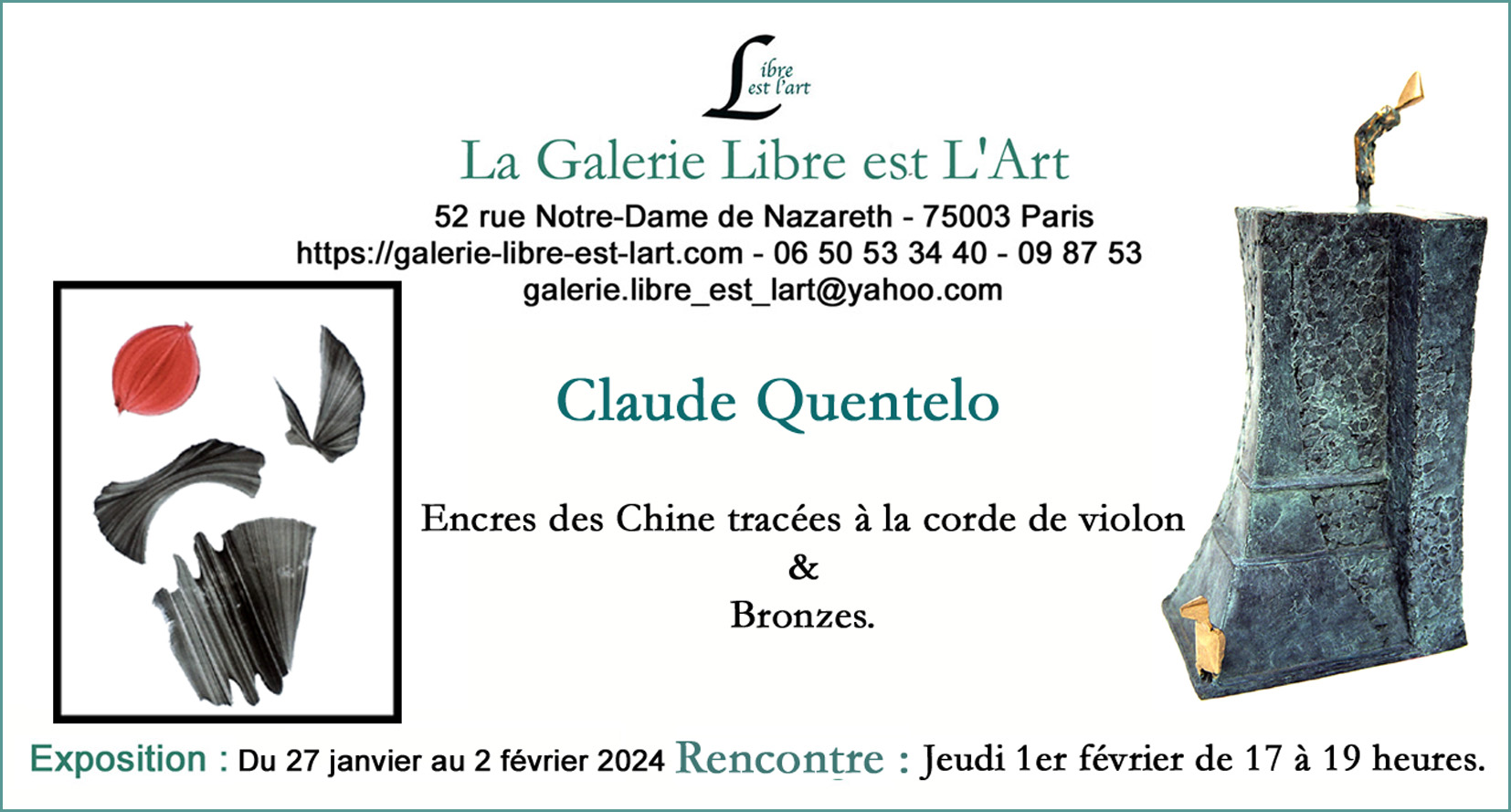 Rencontre à la Galerie Libre Est l'Art - jeudi 1e février 17h à 19 heures.