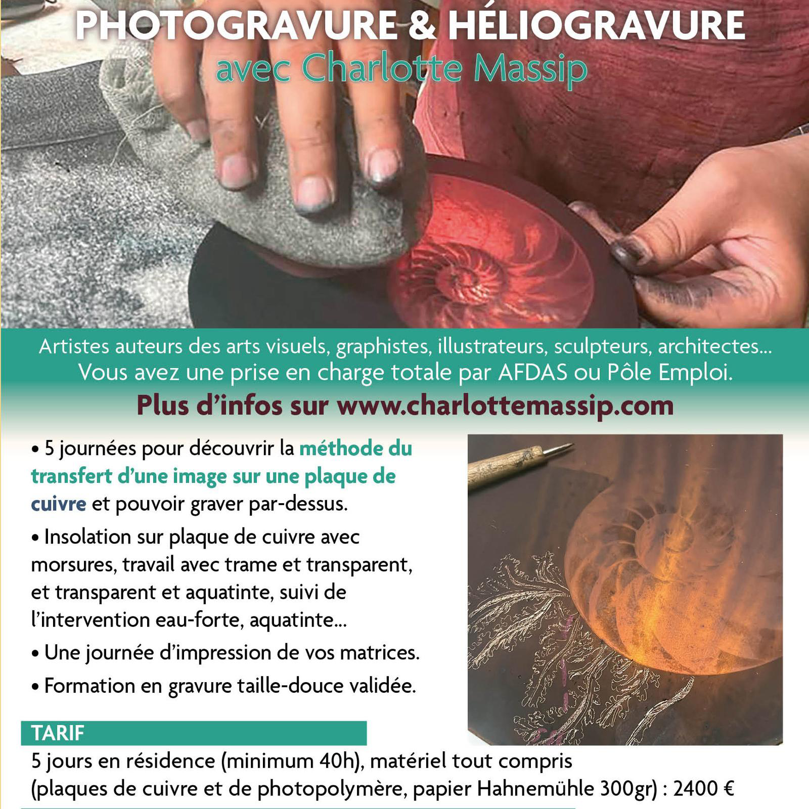 Formations professionnelles en GRAVURE taille-douce et PHOTOGRAVURE atelier de Charlotte Massip -prises en charge par AFDAS, POLE EMPLOI certifié Qualiopi