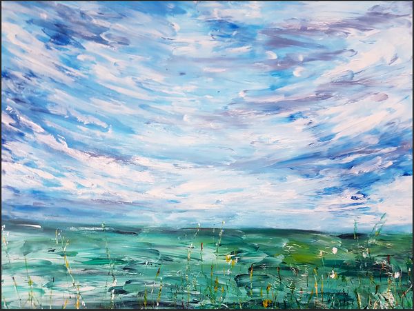 tableau-abstrait-vert-bleu-art-moderne-peinture-campagne-fleur