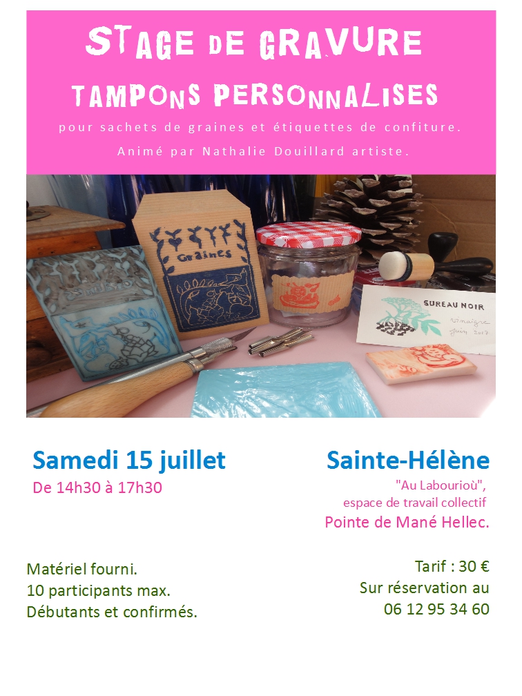 Stage de gravure sur gomme à tampon pour personnaliser des sachets de graines et étiquettes de confiture.